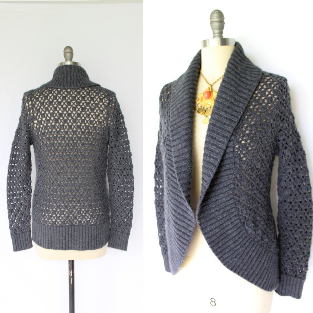 VINCE Alpaca Cashmere wool gray crochet cacoon open cardigan sweater macrame M